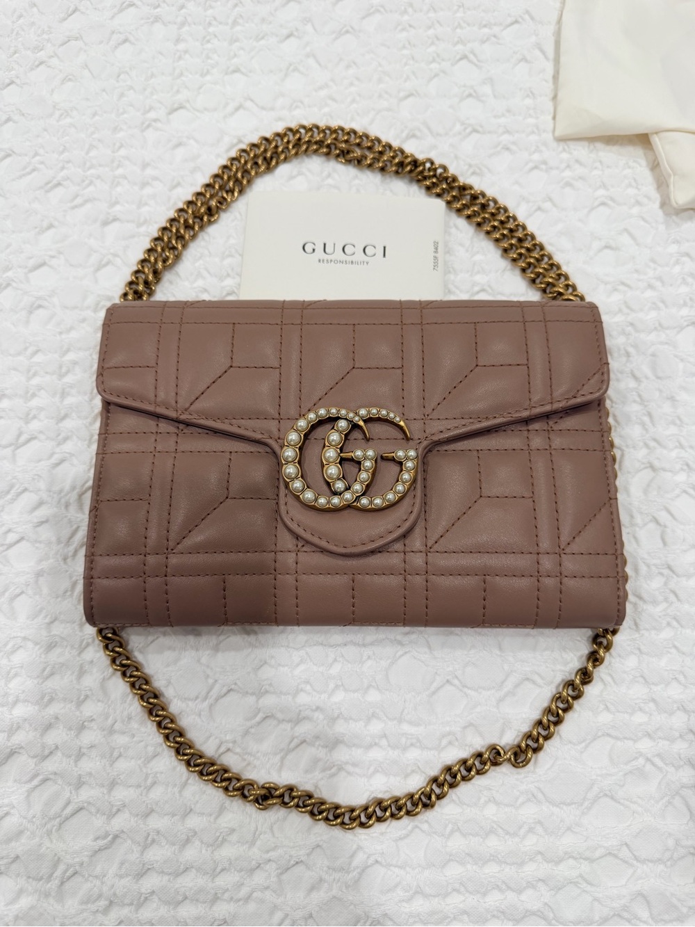 Gucci Mauve Quilted Leather Shoulder Bag with Pearl GG